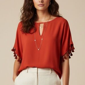 Trina Turk Short Sleeve Top Size M Red Keyhole Front Tassels Viscose Stretch EUC